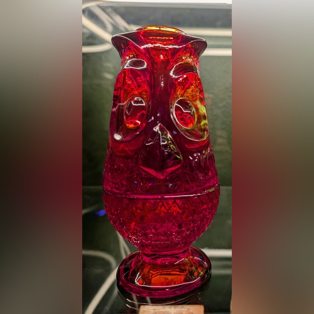 Vtg Viking Glass Owl Glimmer Fairy Lamp Red Amberina